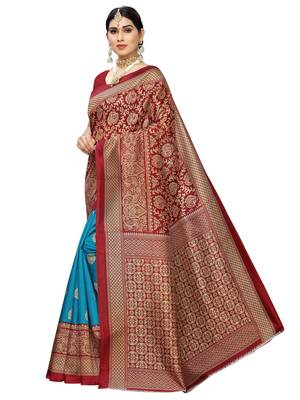 Maroon printed poly silk saree with blouse 2