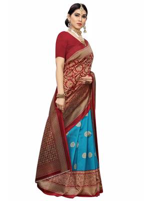 Maroon printed poly silk saree with blouse 3