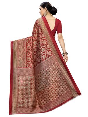 Maroon printed poly silk saree with blouse 4