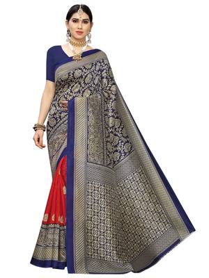 Navy blue printed poly silk saree with blouse 1