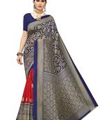 Navy blue printed poly silk saree with blouse