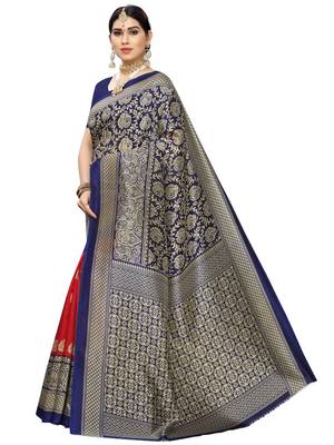 Navy blue printed poly silk saree with blouse 2