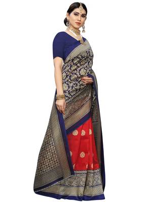 Navy blue printed poly silk saree with blouse 3