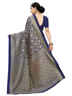 Navy blue printed poly silk saree with blouse 4