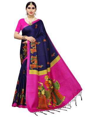 Navy blue printed poly silk saree with blouse 1