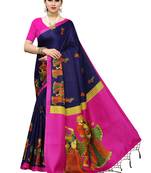Navy blue printed poly silk saree with blouse