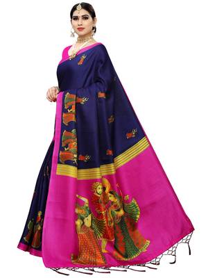 Navy blue printed poly silk saree with blouse 2