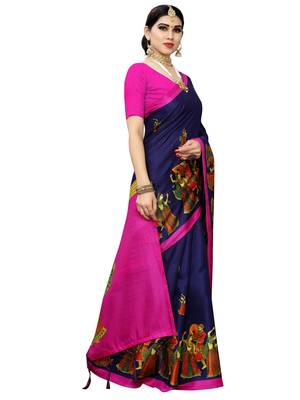 Navy blue printed poly silk saree with blouse 3