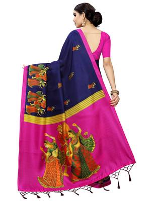 Navy blue printed poly silk saree with blouse 4