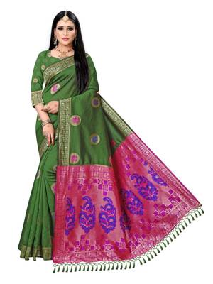 Green printed art silk saree with blouse 1