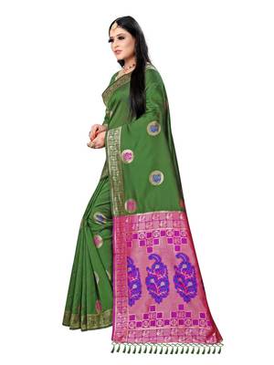 Green printed art silk saree with blouse 2