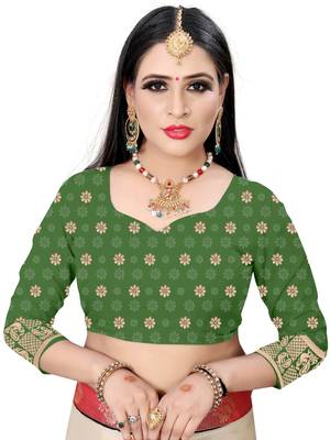 Green printed art silk saree with blouse 4