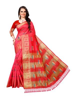 Pink woven art silk saree with blouse 1