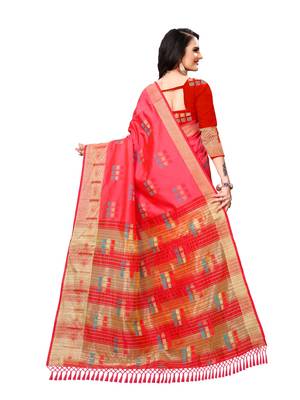 Pink woven art silk saree with blouse 3