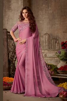 Pink embroidered silk saree with blouse