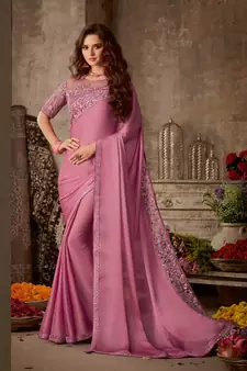 Pink embroidered silk saree with blouse