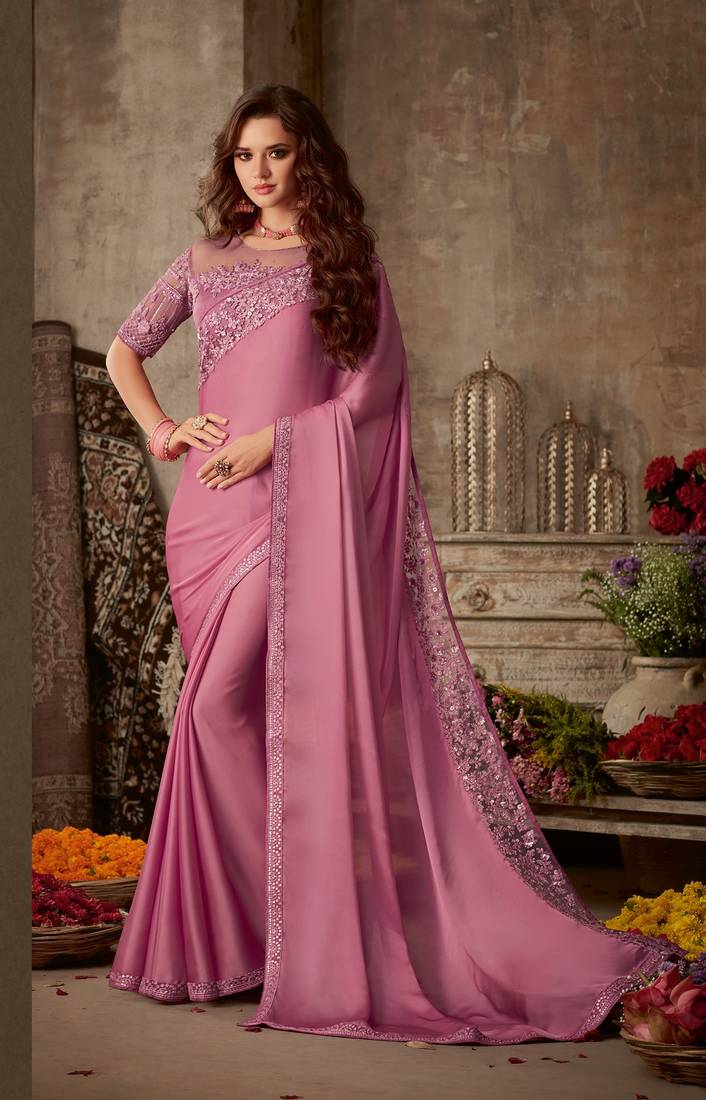 Pink embroidered silk saree with blouse