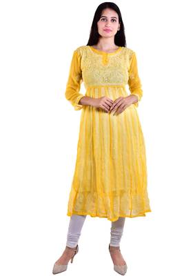 Lavangi Women's Faux Georgette Lucknow Chikankari Handicrafted Anarkali Kurti (Yellow) 1