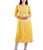Lavangi Women's Faux Georgette Lucknow Chikankari Handicrafted Anarkali Kurti (Yellow)