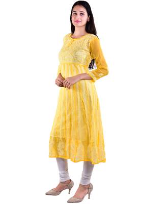 Lavangi Women's Faux Georgette Lucknow Chikankari Handicrafted Anarkali Kurti (Yellow) 2