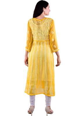 Lavangi Women's Faux Georgette Lucknow Chikankari Handicrafted Anarkali Kurti (Yellow) 3