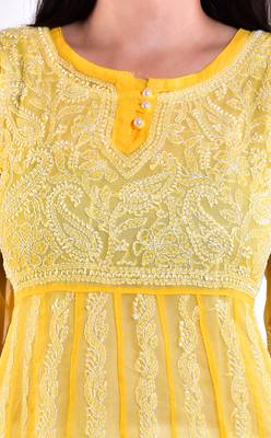 Lavangi Women's Faux Georgette Lucknow Chikankari Handicrafted Anarkali Kurti (Yellow) 4