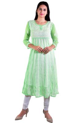 Lavangi Women's Faux Georgette Lucknow Chikankari Handicrafted Anarkali Kurti (Pista Green) 1