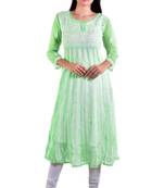 Lavangi Women's Faux Georgette Lucknow Chikankari Handicrafted Anarkali Kurti (Pista Green)