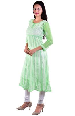 Lavangi Women's Faux Georgette Lucknow Chikankari Handicrafted Anarkali Kurti (Pista Green) 2