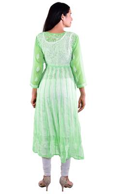 Lavangi Women's Faux Georgette Lucknow Chikankari Handicrafted Anarkali Kurti (Pista Green) 3