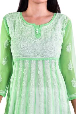 Lavangi Women's Faux Georgette Lucknow Chikankari Handicrafted Anarkali Kurti (Pista Green) 4