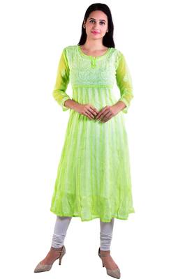 Lavangi Women's Faux Georgette Lucknow Chikankari Handicrafted Anarkali Kurti (Dhani) 1