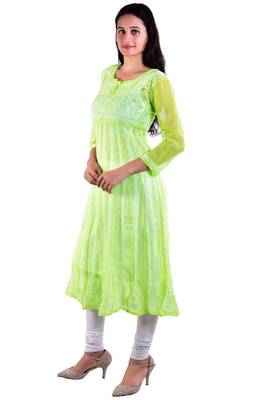 Lavangi Women's Faux Georgette Lucknow Chikankari Handicrafted Anarkali Kurti (Dhani) 2