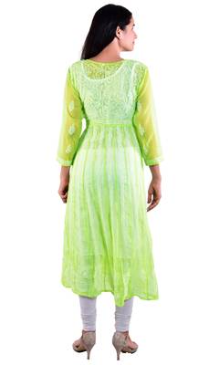 Lavangi Women's Faux Georgette Lucknow Chikankari Handicrafted Anarkali Kurti (Dhani) 3