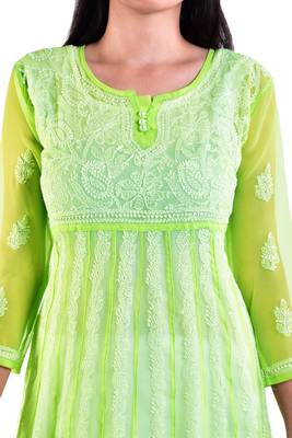 Lavangi Women's Faux Georgette Lucknow Chikankari Handicrafted Anarkali Kurti (Dhani) 4