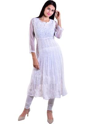 Lavangi Women's Faux Georgette Lucknow Chikankari Handicrafted Anarkali Kurti (White) 1