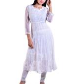 Lavangi Women's Faux Georgette Lucknow Chikankari Handicrafted Anarkali Kurti (White)