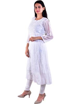 Lavangi Women's Faux Georgette Lucknow Chikankari Handicrafted Anarkali Kurti (White) 2