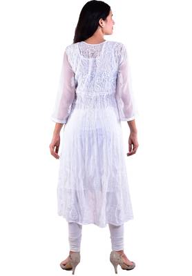 Lavangi Women's Faux Georgette Lucknow Chikankari Handicrafted Anarkali Kurti (White) 3