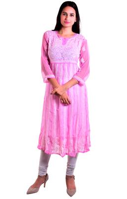 Lavangi Women's Faux Georgette Lucknow Chikankari Handicrafted Anarkali Kurti (Onion Pink) 1