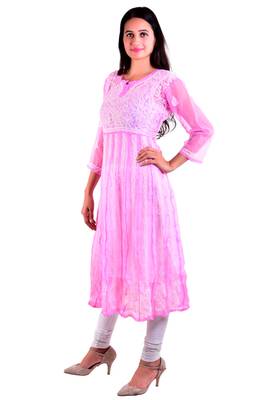 Lavangi Women's Faux Georgette Lucknow Chikankari Handicrafted Anarkali Kurti (Onion Pink) 2