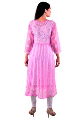 Lavangi Women's Faux Georgette Lucknow Chikankari Handicrafted Anarkali Kurti (Onion Pink) 3