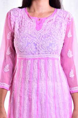 Lavangi Women's Faux Georgette Lucknow Chikankari Handicrafted Anarkali Kurti (Onion Pink) 4