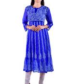 Lavangi Women's Faux Georgette Lucknow Chikankari Handicrafted Anarkali Kurti (Royal Blue)