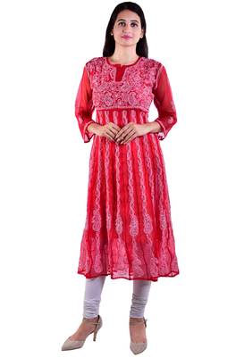 Lavangi Women's Faux Georgette Lucknow Chikankari Handicrafted Anarkali Kurti (Red) 1
