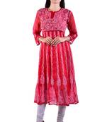 Lavangi Women's Faux Georgette Lucknow Chikankari Handicrafted Anarkali Kurti (Red)