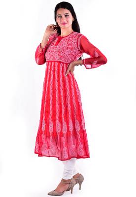 Lavangi Women's Faux Georgette Lucknow Chikankari Handicrafted Anarkali Kurti (Red) 2
