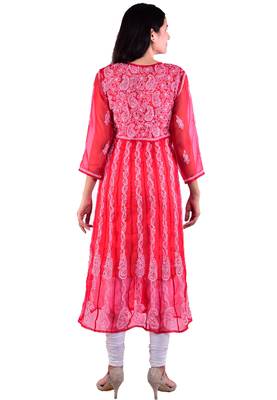 Lavangi Women's Faux Georgette Lucknow Chikankari Handicrafted Anarkali Kurti (Red) 3