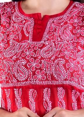 Lavangi Women's Faux Georgette Lucknow Chikankari Handicrafted Anarkali Kurti (Red) 4