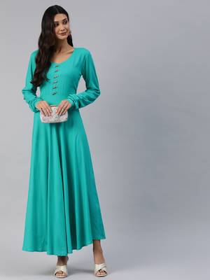 Sea-green plain viscose rayon maxi-dresses 1